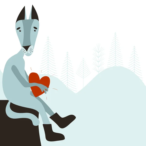 Sad Wolf with Heart — Stock Vector