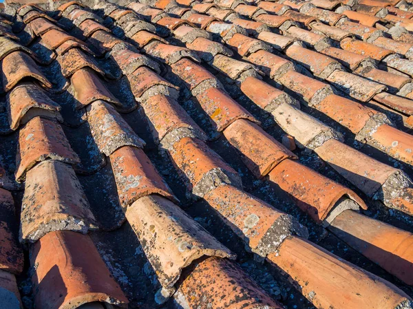 Fragment Roof Covered Old Clay Tiles Stockfoto