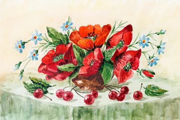 Venkovské zátiší, červené Vlčí máky, divoké květiny a třešní. akvarelu. Ilustrace — Stock fotografie