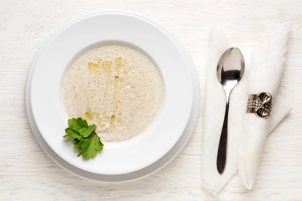 Mushroom soup puree in a white plate. Top view — Stock Image Mushroom Soup Puree White Plate Top View Stock Image
