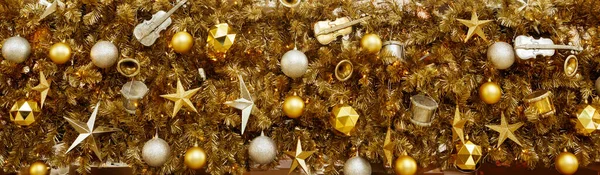 Золоті Різдвяні Прикраси Великими Деталями Золоті Кульки Скрипка Зірки — стокове фото