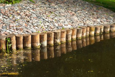 Karaçam 'dan yapılmış ahşap yığınlarıyla gölün kıyılarını güçlendiriyor.