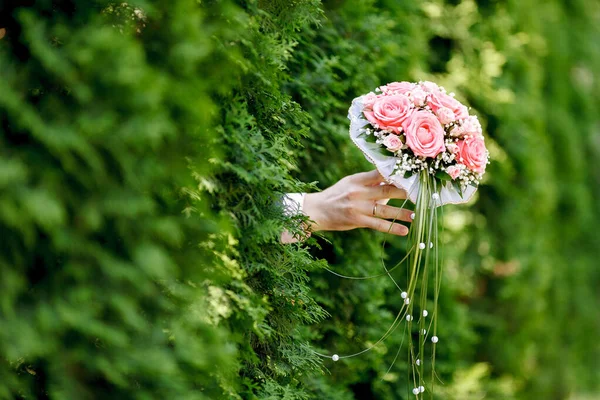 Bröllopsbukett Rosa Rosor Brudgummens Hand Grön Bakgrund Mjuk Fokusering Selektivt — Stockfoto