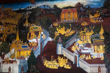 Ramakien 'deki Wat Phra Kaew ya da Emerald Buddha Tapınağı' ndan sahnelenen bir fresk parçası Tayland 'ın Bangkok kentindeki turistik bir simgedir.