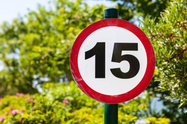 Ağaçların arka planında yuvarlak hız limiti işareti 15.