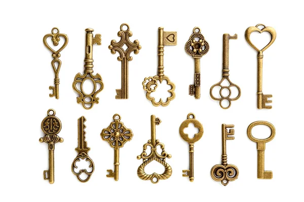 Set Antique Decorative Ornate Keys Isolated White Background — Stock Photo, Image