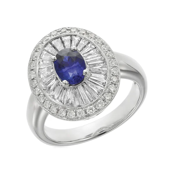 Ring with dark blue sapphire on the white — Stock Photo, Image