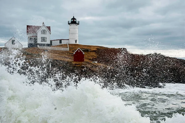 Waves Breaking Cape Neddick Nubble Lighthouse Storm Goes Out Sea — Stock Photo, Image