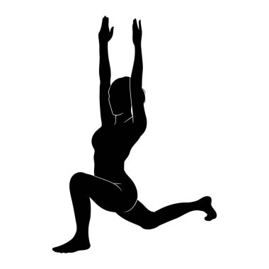 Yoga Yüksek Lunge Pozu - Anjaneyasana, yoga egzersizi yapan genç kadınların siyah silueti. Sağlıklı bir yaşam tarzı. Beyaz bir arkaplanda izole edilmiş, Vektör illüstrasyonu