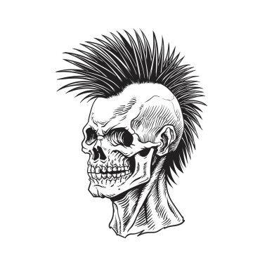 Punk rock kafatası mohawk beyaz arka planda izole. Saçlı kafatasları. Vektör tasarım ögesi.