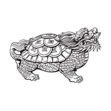 Ejder Kaplumbağası bir sürü madeni paranın üzerinde oturuyor. Mitolojik Çin yaratığı. Göksel Feng Shui hayvanı. Yan görüş. Siyah ve beyaz izole vektör çizimi