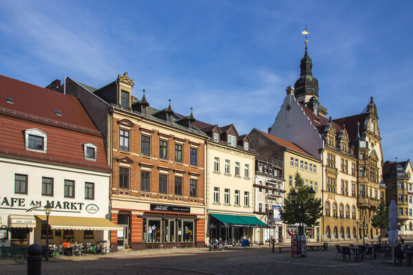Werdau, Germany - August 26, 2015: The marketplace of Werdau is built by using flagging and has a beautiful facade of the buildings