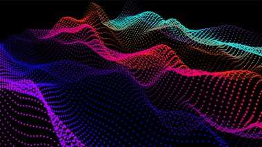 Akan parçacıkların olduğu soyut dijital manzara. Siber ya da teknoloji geçmişi. Sience hareketinin temsili ses dalgası. Dairelerden Geometrik yapı.