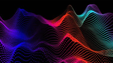 Akan parçacıkların olduğu soyut dijital manzara. Siber ya da teknoloji geçmişi. Sience hareketinin temsili ses dalgası. Dairelerden Geometrik yapı.