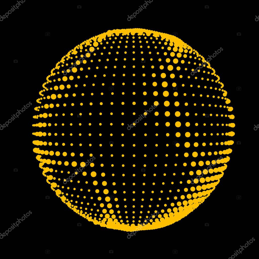 Abstract halftone textured sphere. Disco ball with lines and flare. Electric jet impulse discharges. Enveloping waves of thickened flows. Vector illustration for logo or icons.