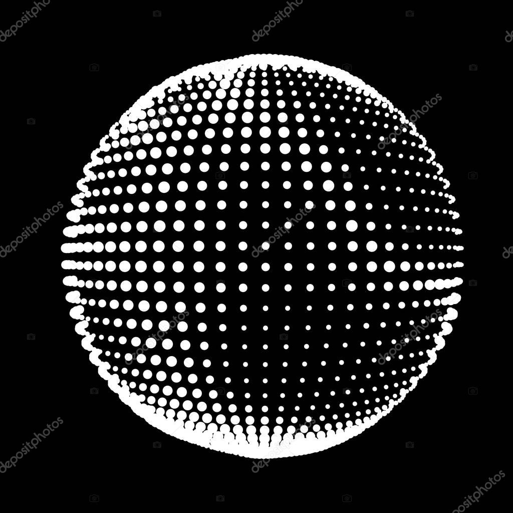 Abstract halftone textured sphere. Disco ball with lines and flare. Electric jet impulse discharges. Enveloping waves of thickened flows. Vector illustration for logo or icons.