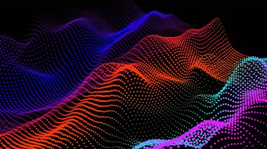 Düğümden deniz dalgaları. Hud veri noktaları akar. Araştırma noktaları akışı. Bilimsel gelişmelerin sunumu için büyük veriler görselleştirildi. Dalgalar halinde üç boyutlu düğümler. Dağlardan ve oyuklardan oluşan pürüzsüz bir deniz..