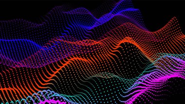 Akan parçacıkların olduğu soyut dijital manzara. Siber ya da teknoloji geçmişi. Sience hareketinin temsili ses dalgası. Dairelerden Geometrik yapı.