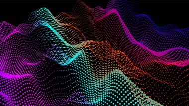 Akan parçacıkların olduğu soyut dijital manzara. Siber ya da teknoloji geçmişi. Sience hareketinin temsili ses dalgası. Dairelerden Geometrik yapı.