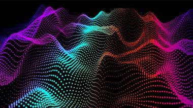 Akan parçacıkların olduğu soyut dijital manzara. Siber ya da teknoloji geçmişi. Sience hareketinin temsili ses dalgası. Dairelerden Geometrik yapı.