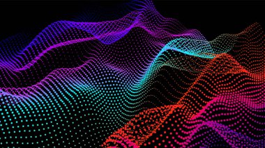 Akan parçacıkların olduğu soyut dijital manzara. Siber ya da teknoloji geçmişi. Sience hareketinin temsili ses dalgası. Dairelerden Geometrik yapı.