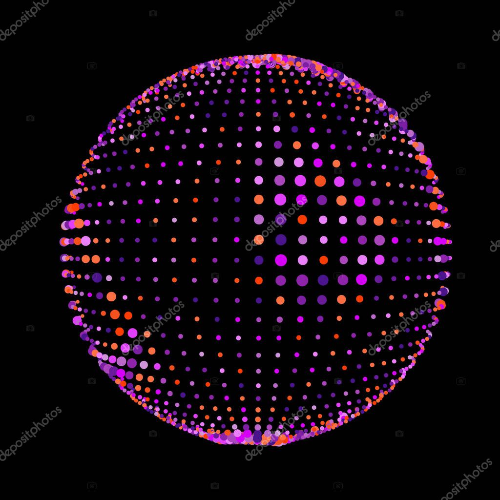 Abstract halftone textured sphere. Disco ball with lines and flare. Electric jet impulse discharges. Enveloping waves of thickened flows. Vector illustration for logo or icons.