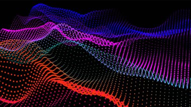 Akan parçacıkların olduğu soyut dijital manzara. Siber ya da teknoloji geçmişi. Sience hareketinin temsili ses dalgası. Dairelerden Geometrik yapı.