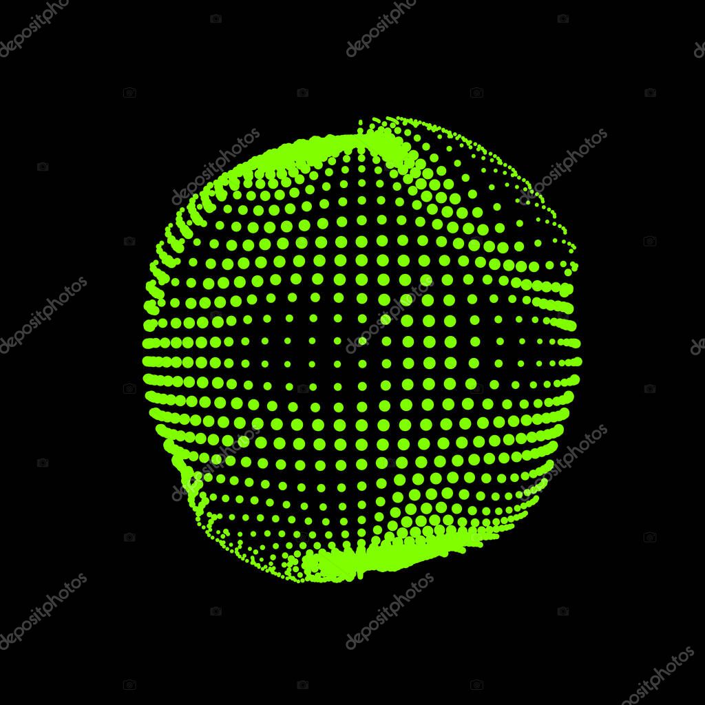 A deformed deflating sphere formed from a sea of dots. An unstable nonequilibrium sphere, iridescent with abstract smooth deformations. Vector shape for an extraordinary logo.