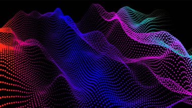 Akan parçacıkların olduğu soyut dijital manzara. Siber ya da teknoloji geçmişi. Sience hareketinin temsili ses dalgası. Dairelerden Geometrik yapı.