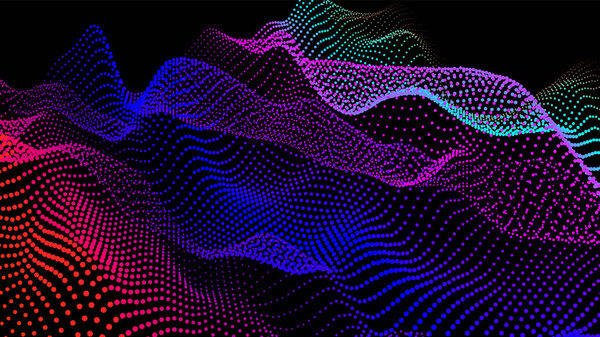 Морские волны от узла. Огромные потоки данных. Поток точек исследования. Большие данные визуализируются для представления научных разработок. 3D нити узлов волнами. Сглаженное море холмов и пустот.