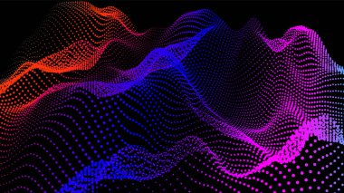 Akan parçacıkların olduğu soyut dijital manzara. Siber ya da teknoloji geçmişi. Sience hareketinin temsili ses dalgası. Dairelerden Geometrik yapı.