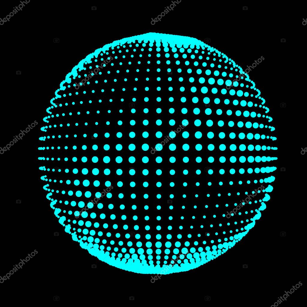 Abstract halftone textured sphere. Disco ball with lines and flare. Electric jet impulse discharges. Enveloping waves of thickened flows. Vector illustration for logo or icons.