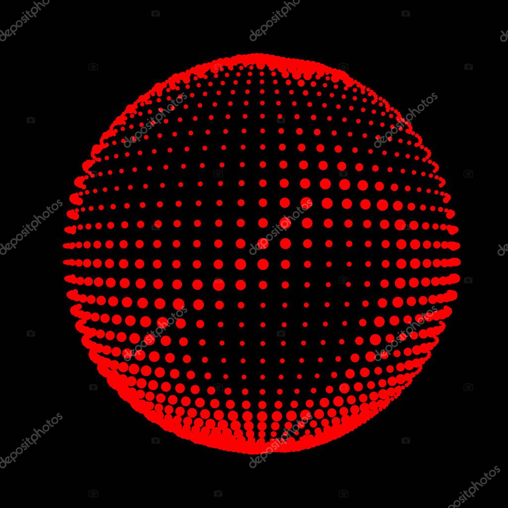 Abstract halftone textured sphere. Disco ball with lines and flare. Electric jet impulse discharges. Enveloping waves of thickened flows. Vector illustration for logo or icons.