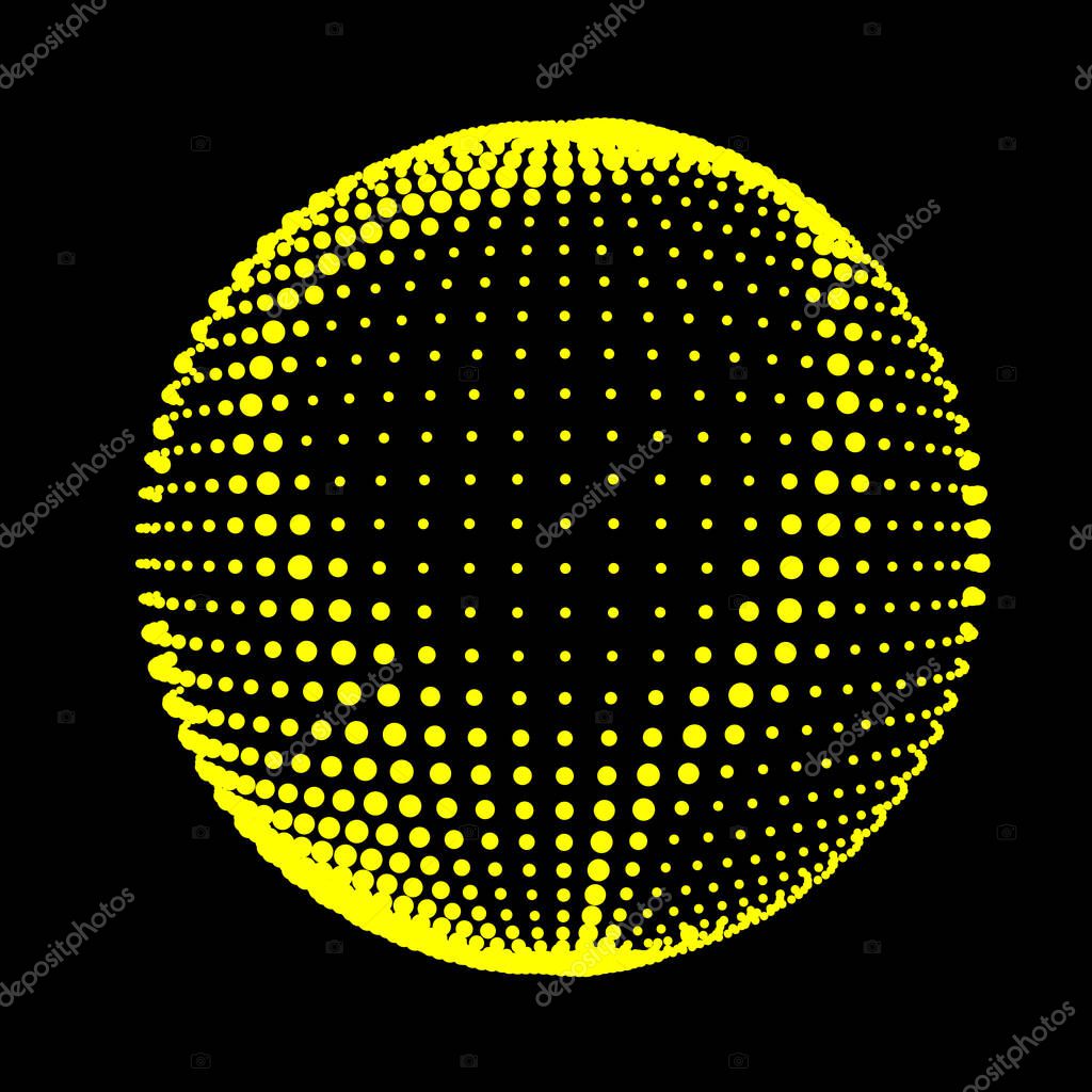 Abstract halftone textured sphere. Disco ball with lines and flare. Electric jet impulse discharges. Enveloping waves of thickened flows. Vector illustration for logo or icons.