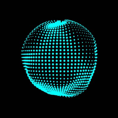 Noktalar denizinden oluşmuş deforme olmuş sönmüş bir küre. Kararsız bir dengesizlik küresi, soyut pürüzsüz deformasyonlarla yanardöner. Olağanüstü bir logo için vektör şekli.