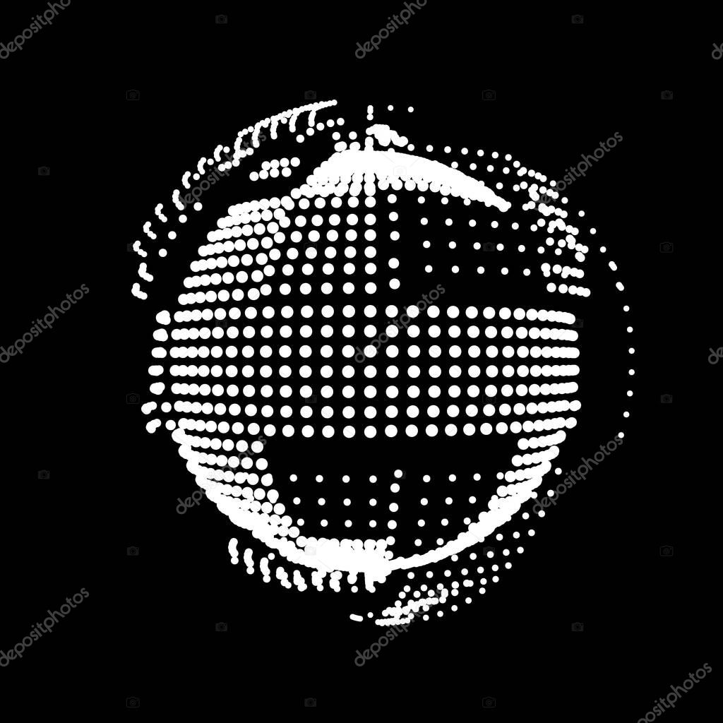 Exploding sphere. A star flashed like a grenade. The planet is assembled from panels. A satellite of the technological era. The original logo. Vector icon for a bright cover page.