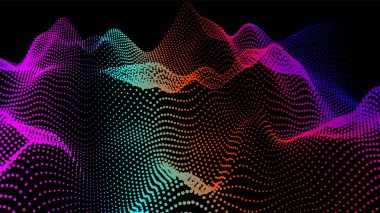 Akan parçacıkların olduğu soyut dijital manzara. Siber ya da teknoloji geçmişi. Sience hareketinin temsili ses dalgası. Dairelerden Geometrik yapı.