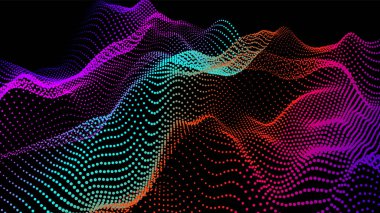 Düğümden deniz dalgaları. Hud veri noktaları akar. Araştırma noktaları akışı. Bilimsel gelişmelerin sunumu için büyük veriler görselleştirildi. Dalgalar halinde üç boyutlu düğümler. Dağlardan ve oyuklardan oluşan pürüzsüz bir deniz..