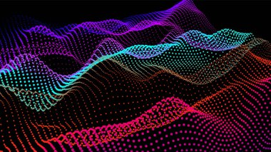 Düğümden deniz dalgaları. Hud veri noktaları akar. Araştırma noktaları akışı. Bilimsel gelişmelerin sunumu için büyük veriler görselleştirildi. Dalgalar halinde üç boyutlu düğümler. Dağlardan ve oyuklardan oluşan pürüzsüz bir deniz..
