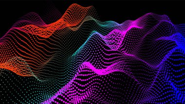 Düğümden deniz dalgaları. Hud veri noktaları akar. Araştırma noktaları akışı. Bilimsel gelişmelerin sunumu için büyük veriler görselleştirildi. Dalgalar halinde üç boyutlu düğümler. Dağlardan ve oyuklardan oluşan pürüzsüz bir deniz..