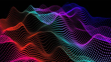 Akan parçacıkların olduğu soyut dijital manzara. Siber ya da teknoloji geçmişi. Sience hareketinin temsili ses dalgası. Dairelerden Geometrik yapı.