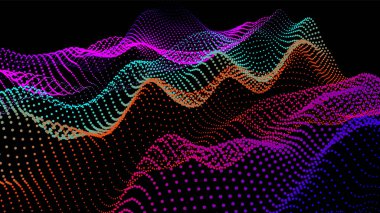Akan parçacıkların olduğu soyut dijital manzara. Siber ya da teknoloji geçmişi. Sience hareketinin temsili ses dalgası. Dairelerden Geometrik yapı.
