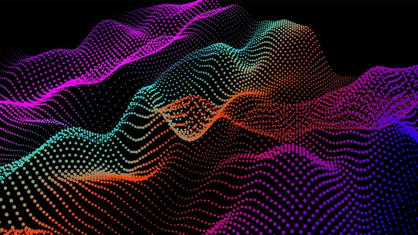 Düğümden deniz dalgaları. Hud veri noktaları akar. Araştırma noktaları akışı. Bilimsel gelişmelerin sunumu için büyük veriler görselleştirildi. Dalgalar halinde üç boyutlu düğümler. Dağlardan ve oyuklardan oluşan pürüzsüz bir deniz..