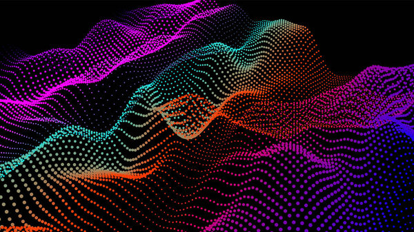 Морские волны от узла. Огромные потоки данных. Поток точек исследования. Большие данные визуализируются для представления научных разработок. 3D нити узлов волнами. Сглаженное море холмов и пустот.