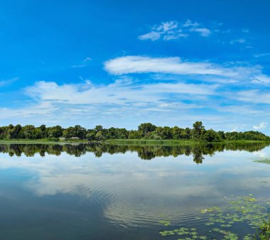 Geniş nehrin üzerinde süzülen beyaz sakin bulutlar, karamsar atmosferik aydınlatma ve dramatik manzara kompozisyonu ile kara kara düşünen doğal manzarayı çerçeveleyen yeşil bankalar. Durgun su yüzeyindeki ayna yansıması.
