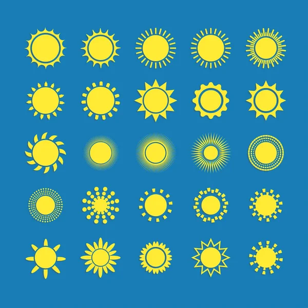 Sun Ikonuppsättning med skugga, vektor illustration på blå bakgrund — Stock vektor