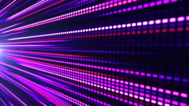 Bir LED veya piksel panelin animasyonu, mavi, mor ve beyaz ışığın parlak çizgileri hareket ve enerjinin etkisini yaratır. Perspektif derinliği ve dinamik çizgiler şunu vurgular: 3B Görüntü