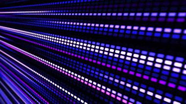 Çok renkli parlak çizgilerin hareketin ve enerjinin etkisini yarattığı canlı bir LED panel. Dijital akış. Işık dinamiği ve piksel enerjisi.