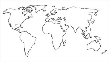 Dünya Taslakları. Şeffaf bir arkaplanda beyaz doldurulmuş siyah çizgilerle çizilmiş minimalist bir dünya haritası. Biçimin basitliği tüm kıtaların evrenselliğini ve birbirine bağlılığını vurgular..