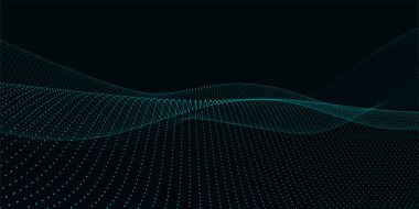 Dinamik dalgalı soyut vektör arkaplanı. Parlak noktalardan oluşan akıntılar, karanlık bir zemin üzerinde pürüzsüz dalgalar oluşturur. Işıldayan ışık derinlik ve zarafet hissi yaratır. Geleceğin 3 boyutlu nokta dalgası.